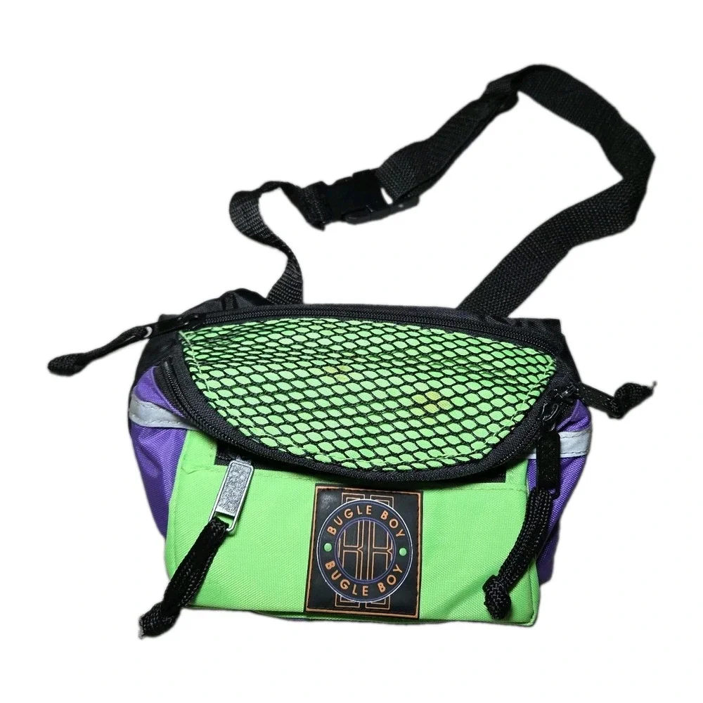 Vintage Bugle Boy Neon Colorblock Fanny Pack Waist Bag Green Purple Mesh 90s